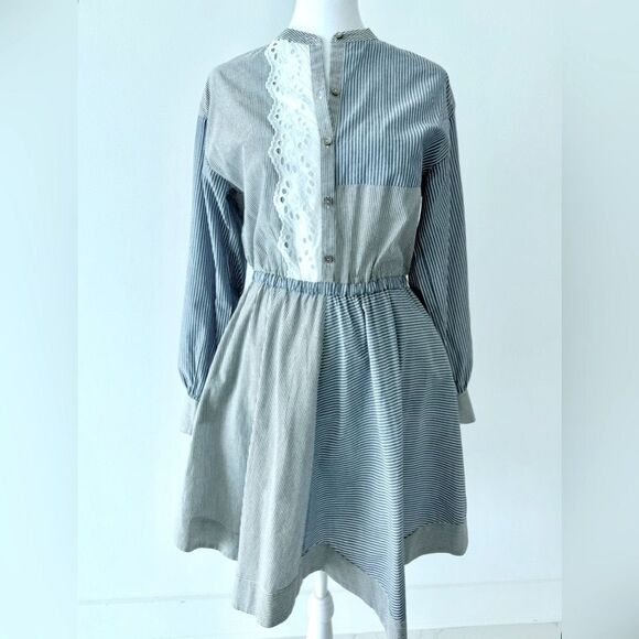 🦋 Rebecca Taylor La Vie Mixed Striped Eyelet Handkerchief Hem Shirt Dress XS / S - Picture 1 of 7
